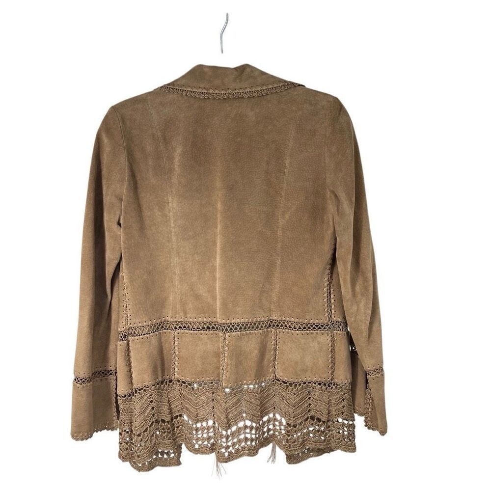 Kenneth Cole Leather Tan Suede‎ Crochet Trim Boho Hippie Jacket 6P Women’s - Picture 2 of 8